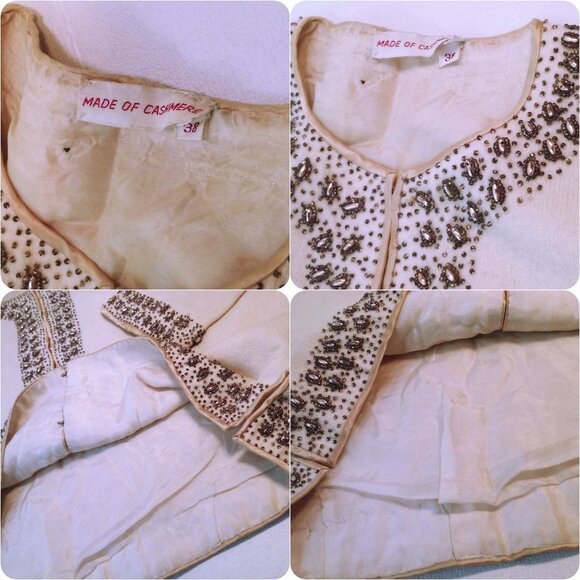 Vintage 50s Embellished Cashmere Cardigan Sweater Lady(38) Beaded-Border Lined - Picture 7 of 13